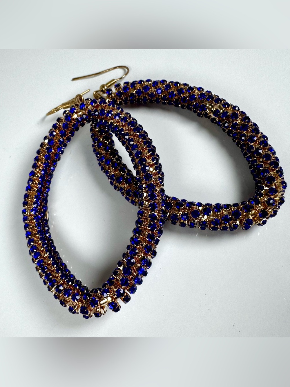 Gold-tone Royal Blue Crystal Studded Hoop Earrings #1744